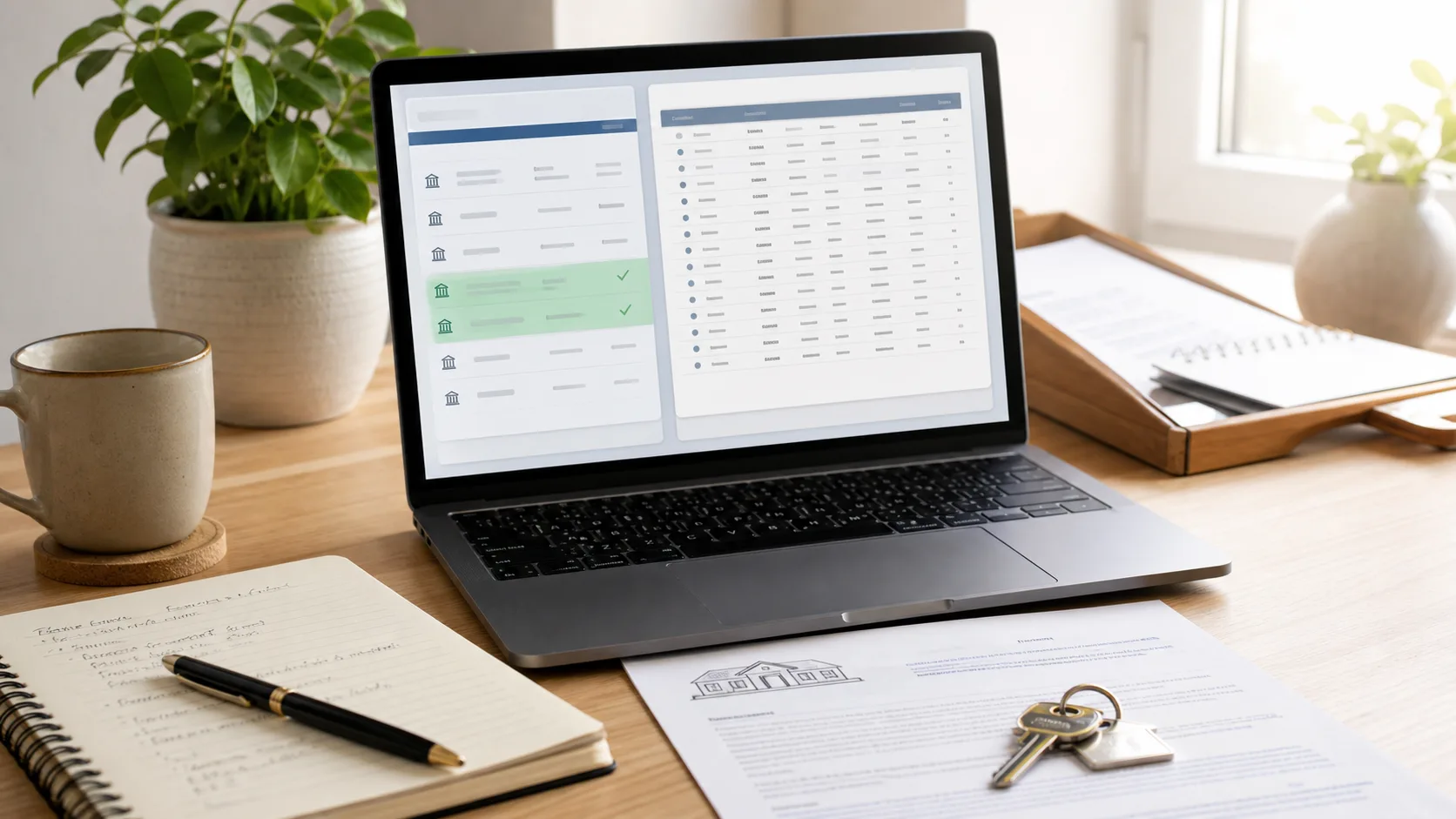 Laptop with a clean rent ledger beside lease documents and notes