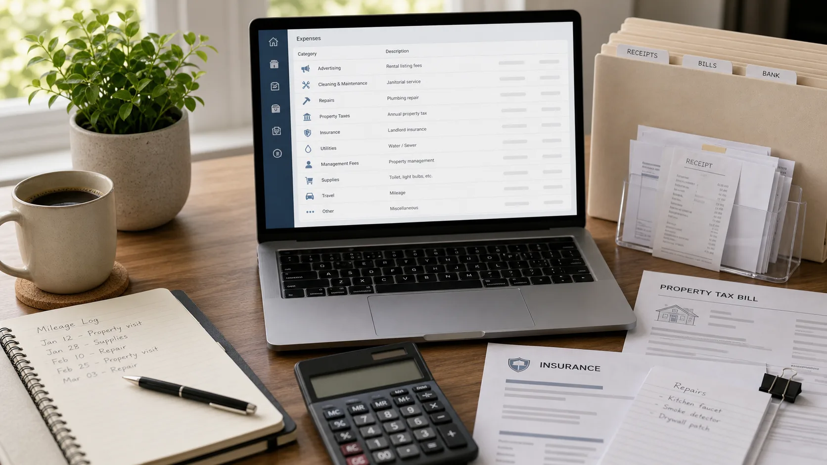 Rental expense records organized by category beside receipts and a laptop