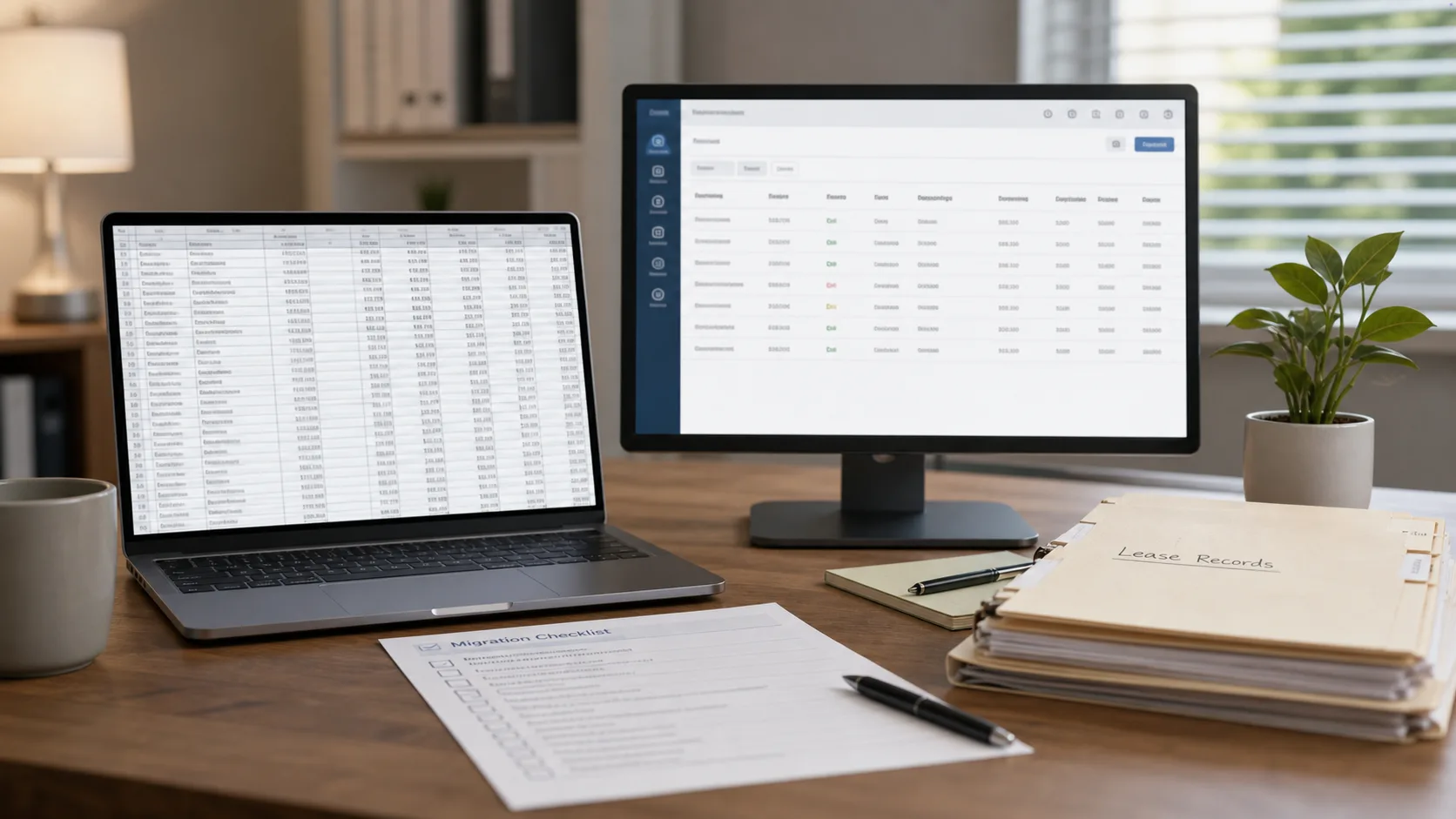 Two screens comparing a rent spreadsheet export with a tenant ledger system