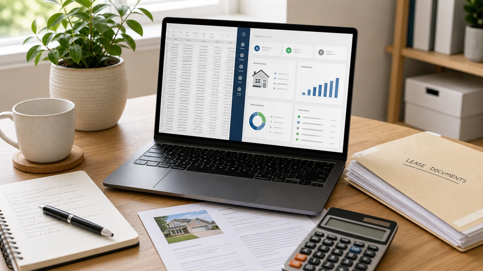 Rental spreadsheet and property dashboard shown side by side on a desk